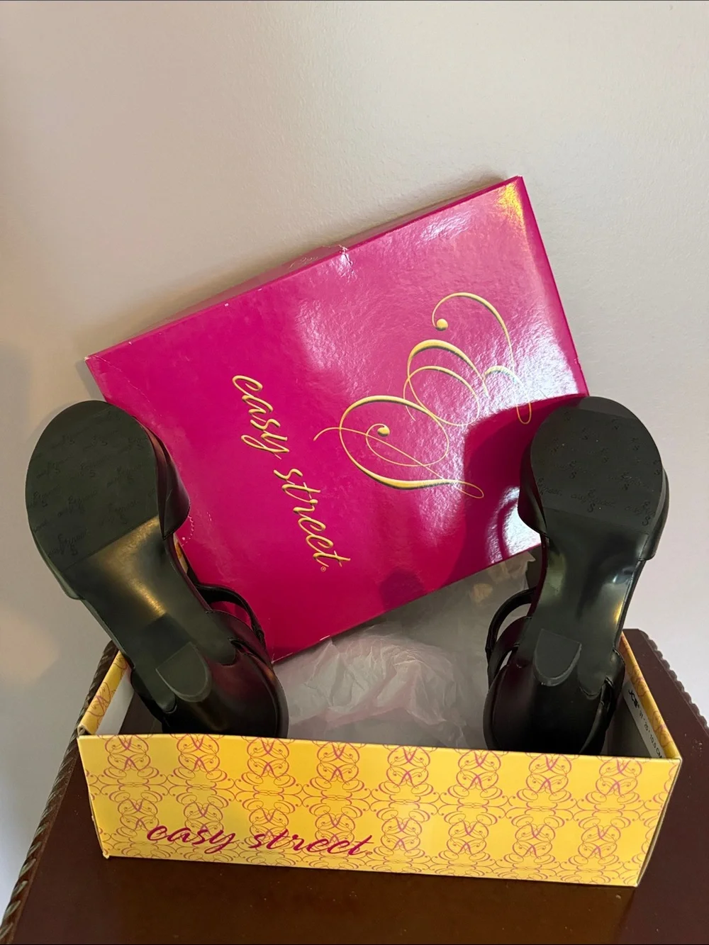 easy street Black T-Strap Block Heel Sandals